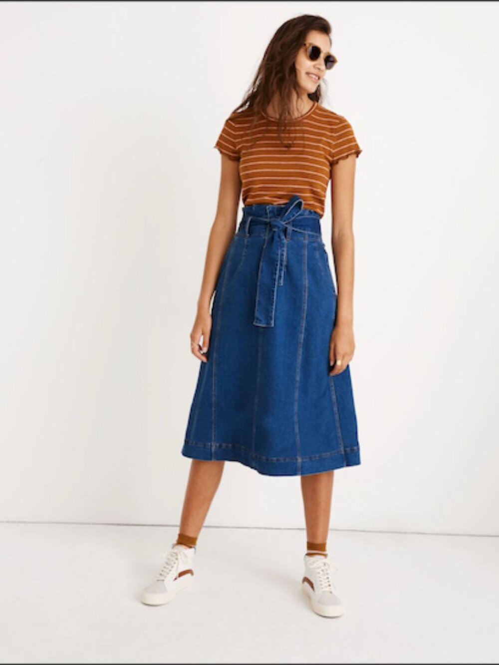 Madewell Stretch Denim Paperbag Midi Skirt in Indigo Wash